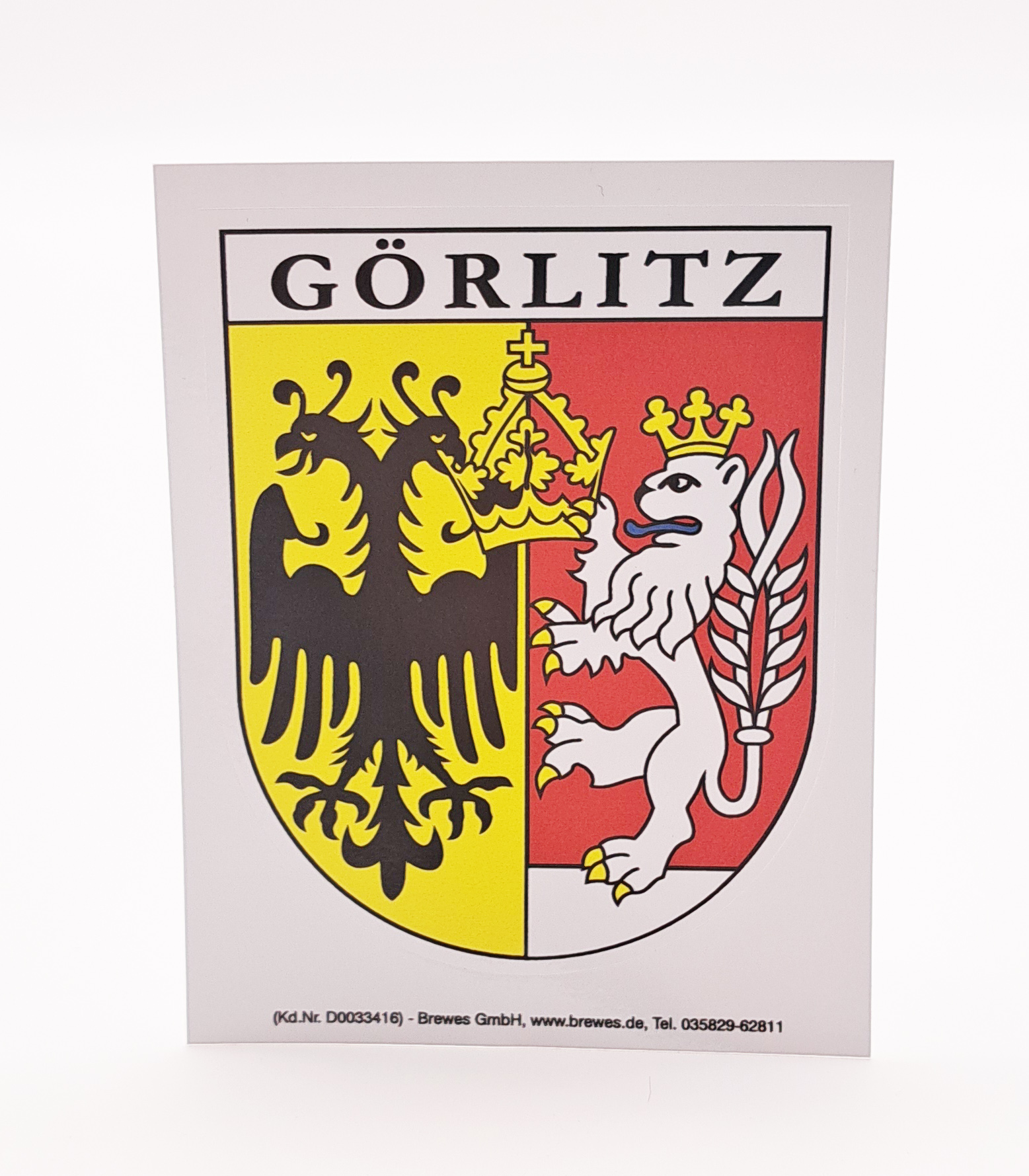 Aufkleber mit dem Görlitzer Stadtwappen Das Görlitzer Stadtwappen zeigt einen böhmischen Löwen mit blauer Zunge auf rotem Hintergrund, der einem doppelköpfigen Adler auf gelben Hintergrund eine Krone überreicht.