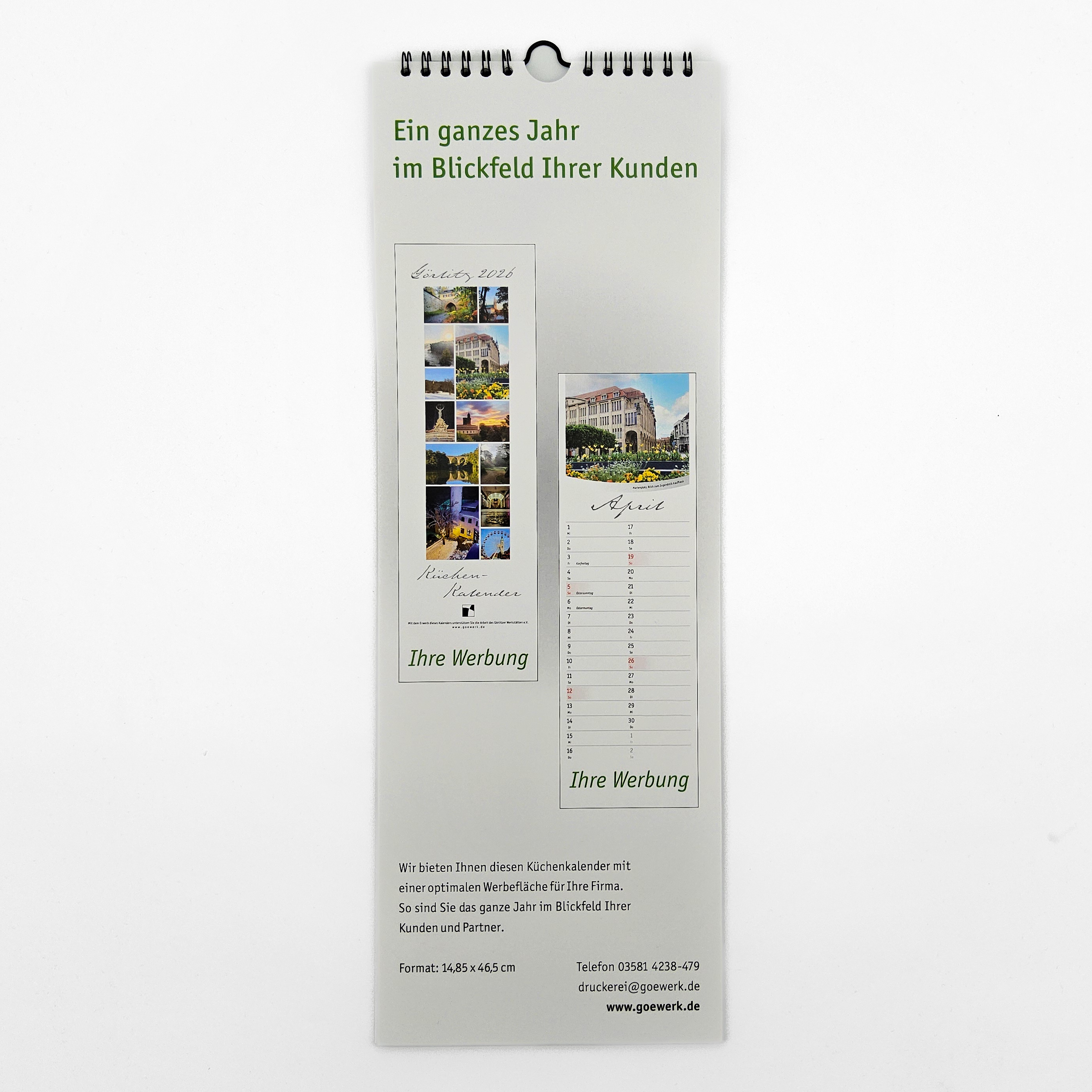 Auf der Rückseite ist ein Hinweis der Görlitzer Werkstätten, dass man den Kalender auch individualisieren kann. 