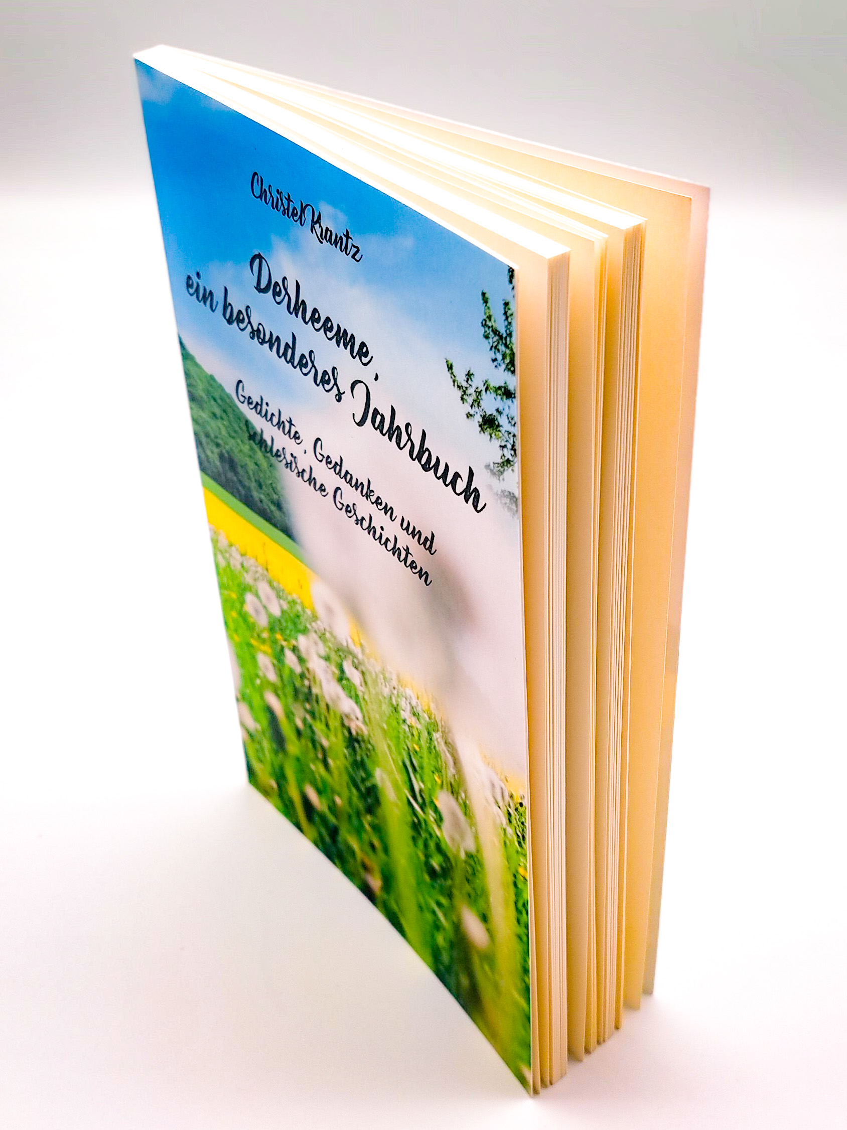 Das Buch "Derheeme" von schräg oben ist fotografiert