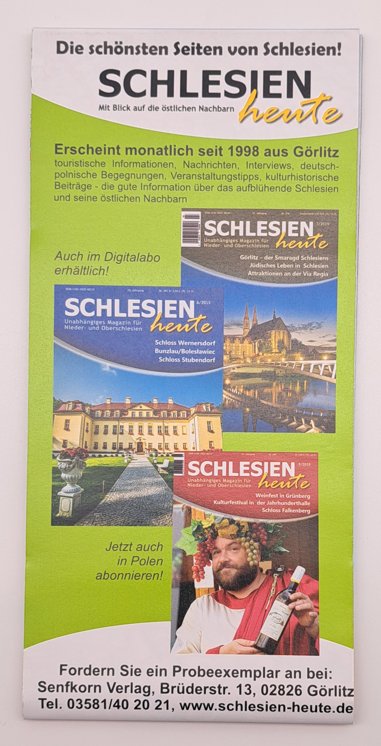 Auf der Rückseite der Schlesien-Karte ist Werbung für das Magazin Schlesien Heute abgebildet.