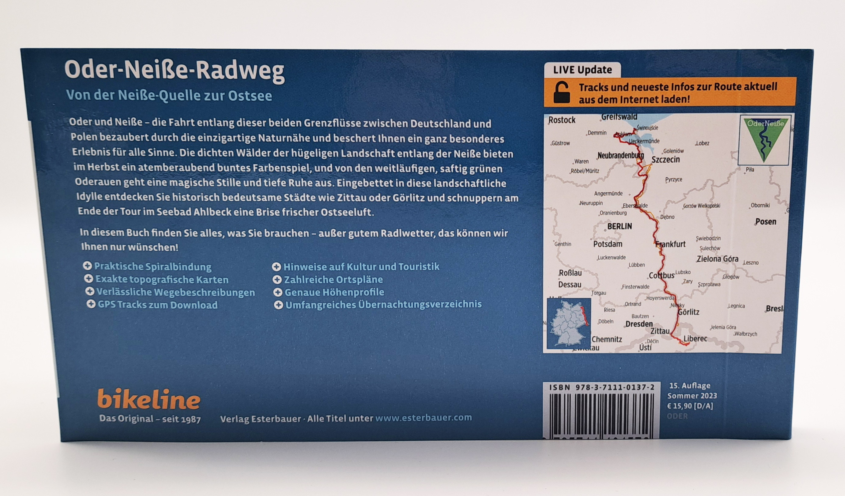 Auf der Rückseite ist eine Grafik der gesamten Radstrecke zu sehen und eine Kurzbeschreibung zum Radführer.