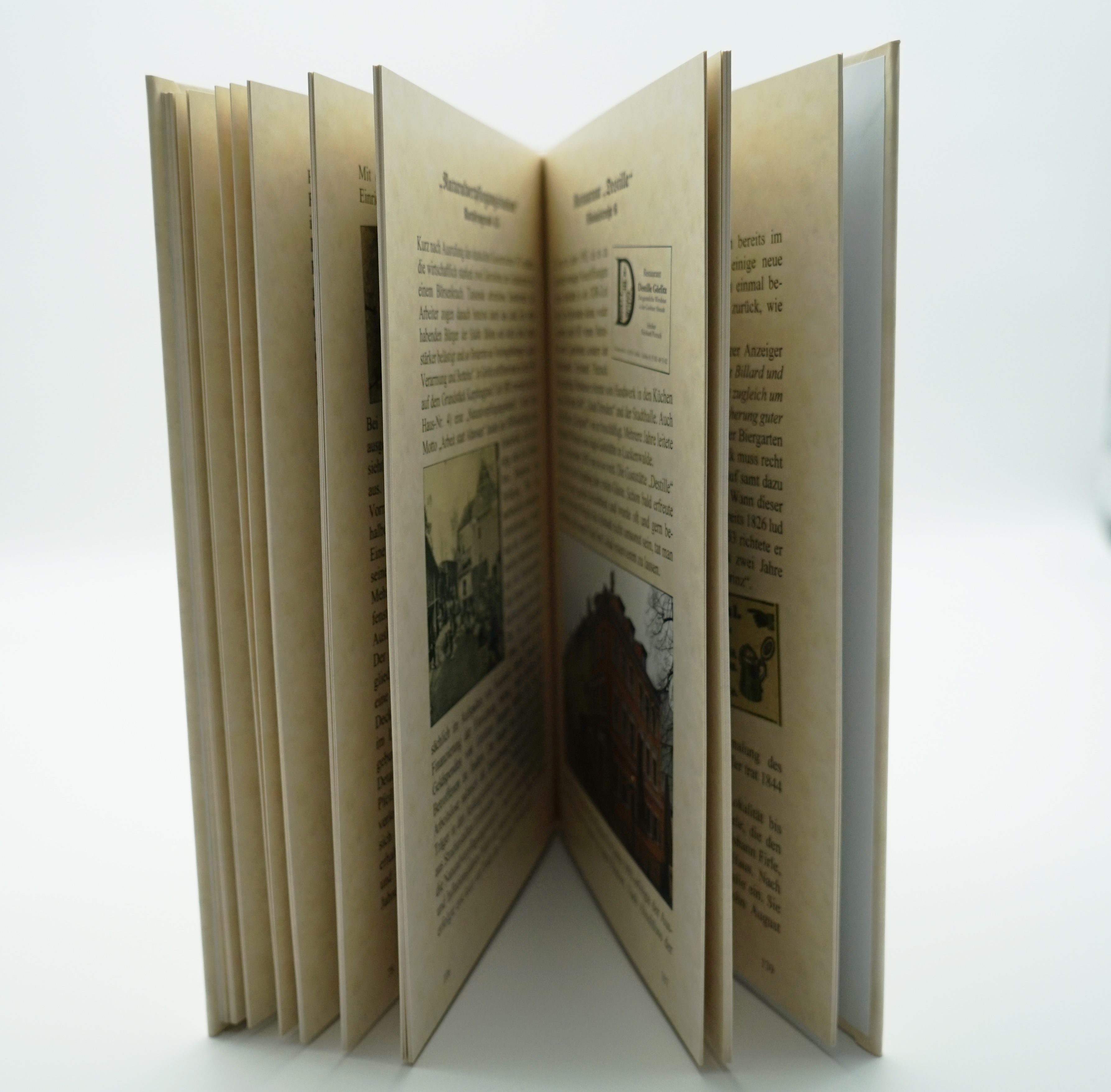 Man sieht das Buch von der Seite. Man kann etwas erkennen, wie die Seiten innen gestaltet sind und wie dick das Buch ist.