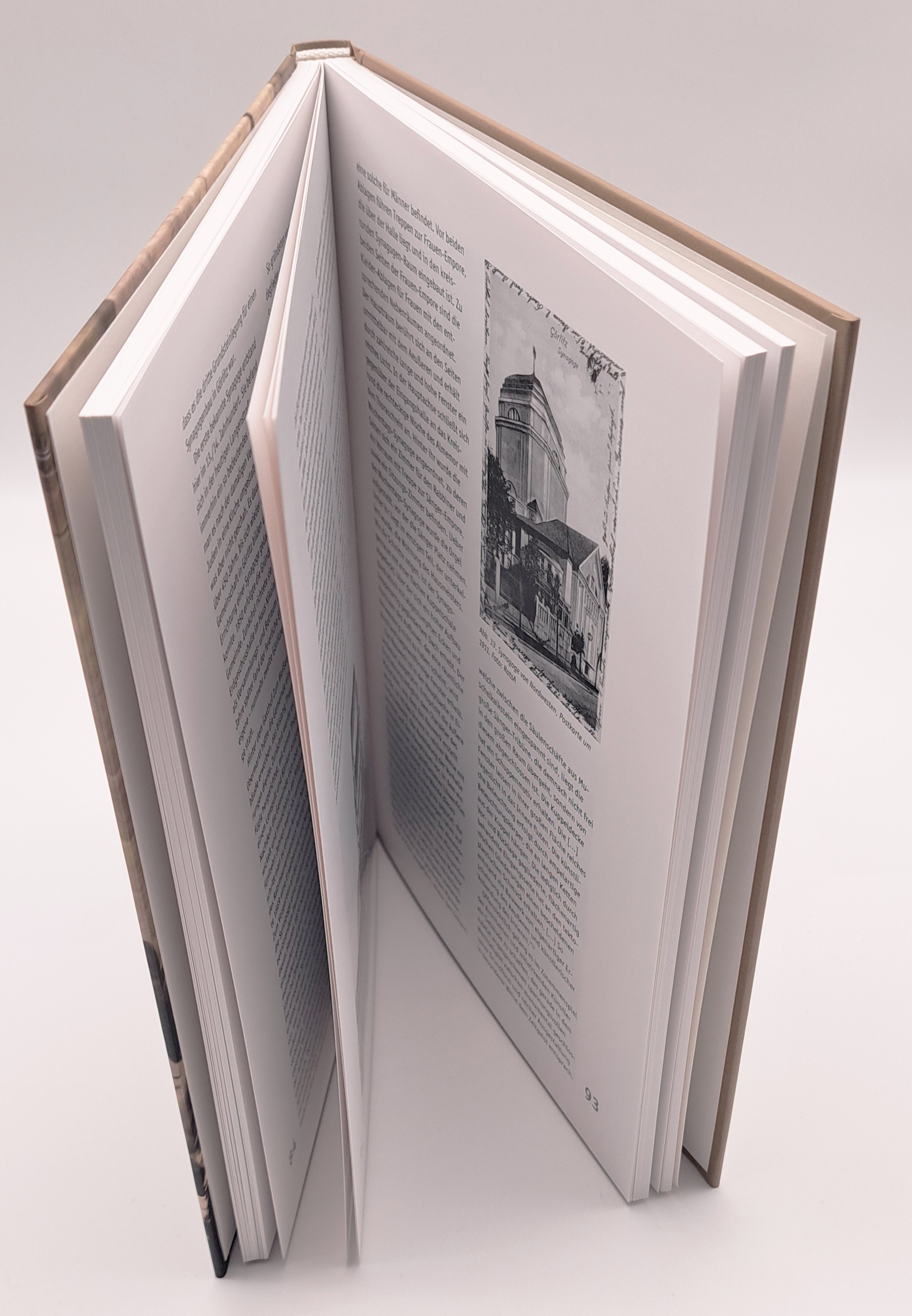 Das Buch ist aufgestellt und von oben fotografiert. Man kann etwas von der Gestaltung der Innenseiten erkennen und wie dick das Buch ist.