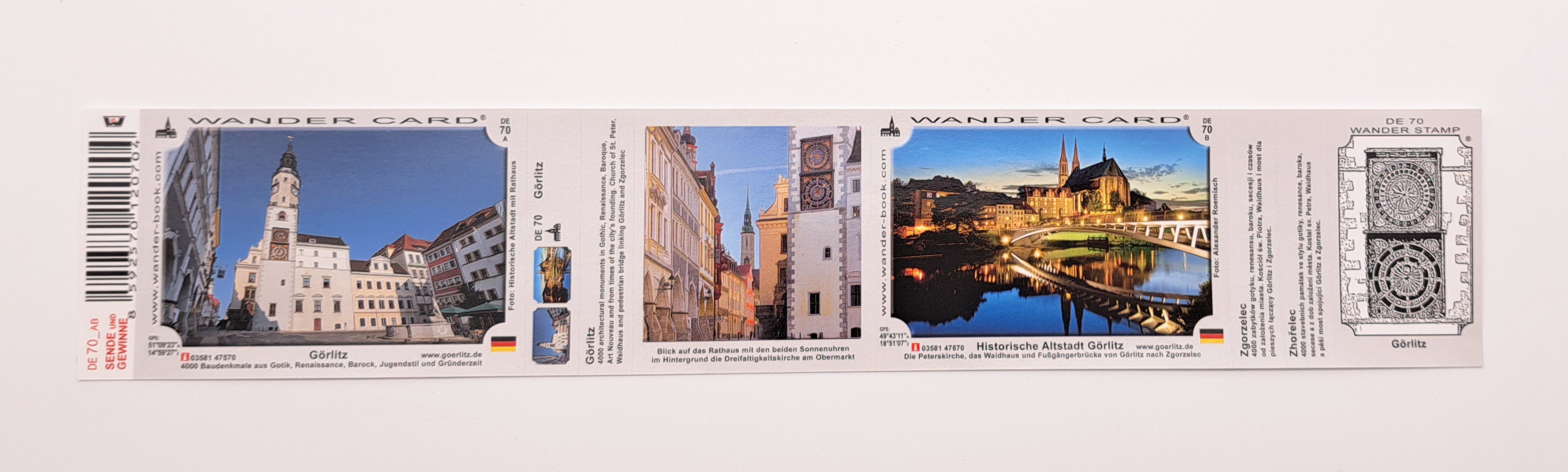 Die Wander Card 70 zeigt verschiedene Motive der Görlitzer Altstadt. Ganz links ist das farbige Foto vom Untermarkt mit Blick auf den Rathausturm. Mittig ist ein Foto zwischen Rathausturm und Schönhof mit Blick auf die Brüderstraße. Und das Dritte Fotomot